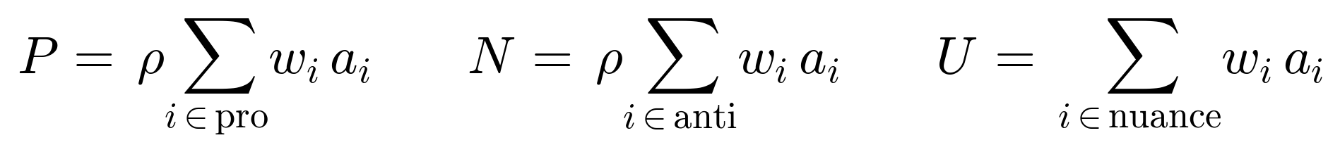 P equals rho times the sum over pro signals of w i a i; N likewise over anti signals; U is the unscaled sum over nuance signals