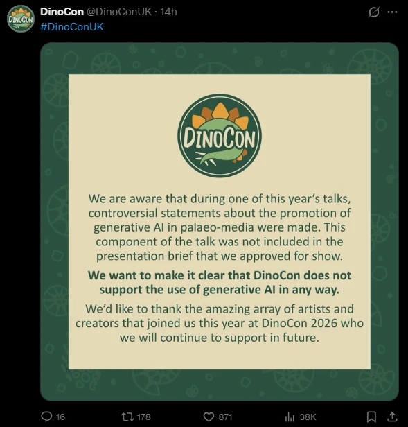 Screenshot of DinoCon’s statement on X disavowing generative AI after a talk at DinoCon 2026