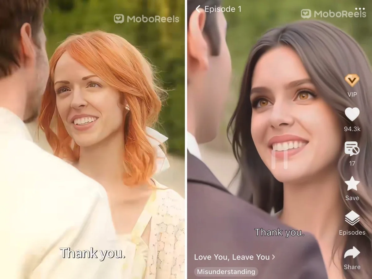 Side-by-side screenshots from two MoboReels micro dramas: the same scene played by Ashley BeLoat on the left and by an AI-generated character on the right