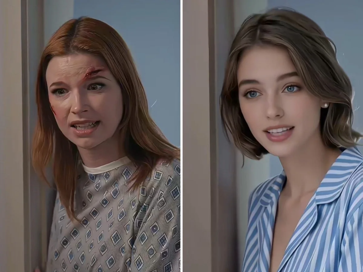 Side-by-side screenshots of the same micro drama scene, played by Brittany Marsicek on the left and by an AI-generated character on the right
