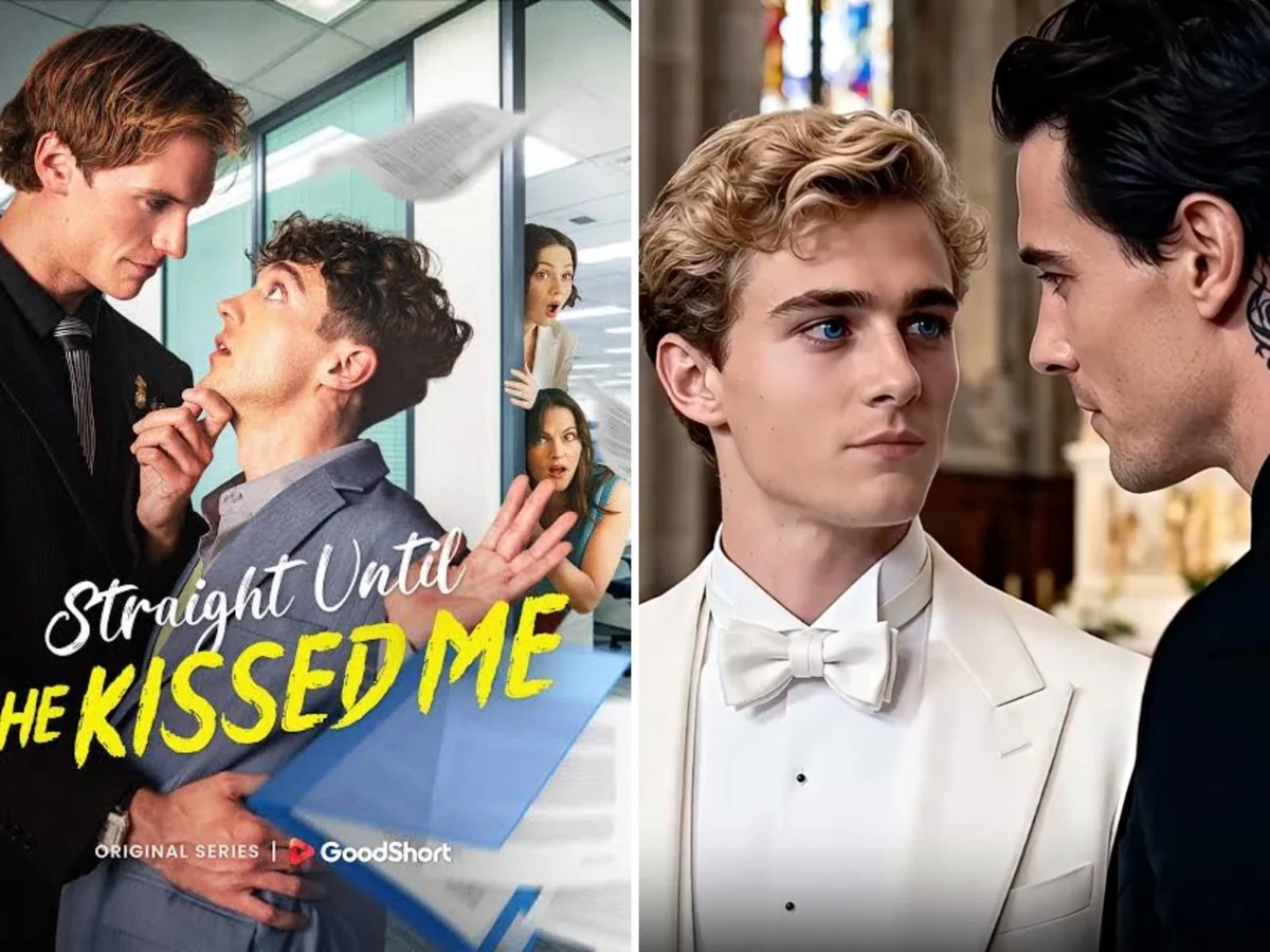 The GoodShort poster for “Straight Until He Kissed Me” starring Evan Gambardella beside a still from an AI-generated series whose lead resembles him
