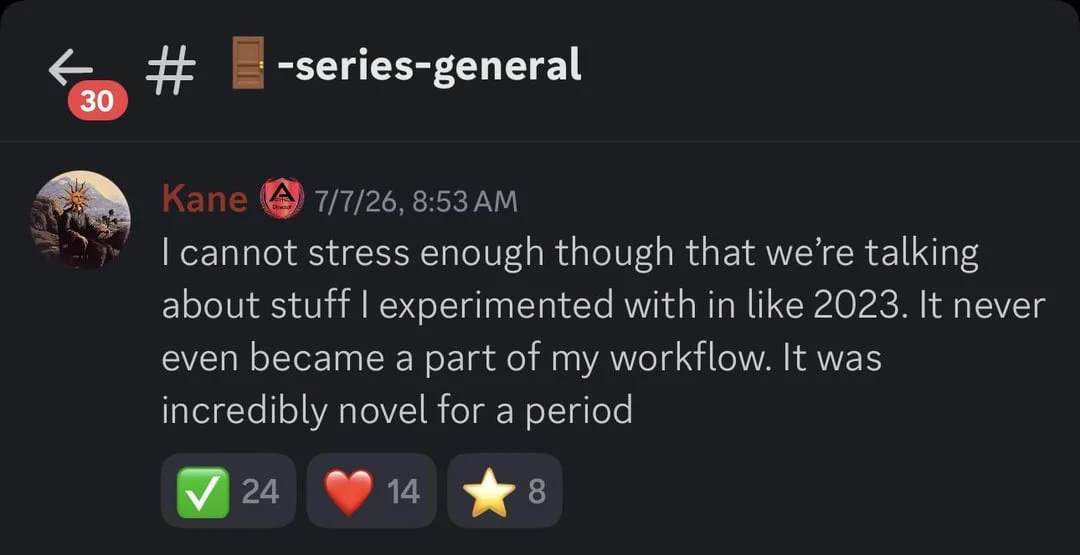 Screenshot of a Discord message from Kane Parsons dated July 7, 2026, saying the AI tools were something he experimented with in 2023 and never became part of his workflow