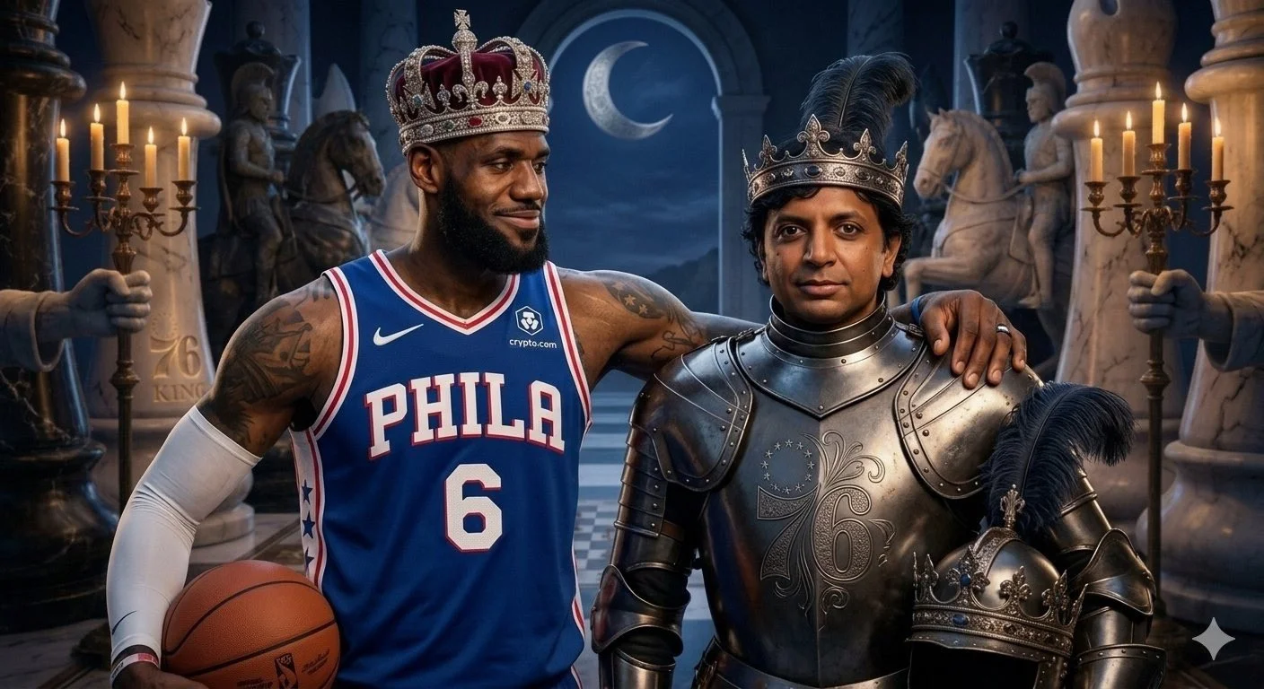 AI-generated image posted by M. Night Shyamalan showing LeBron James in a jeweled crown and Phila 6 jersey with his arm around Shyamalan, who wears plate armor embossed with the 76ers logo and a plumed crown, amid giant chess pieces
