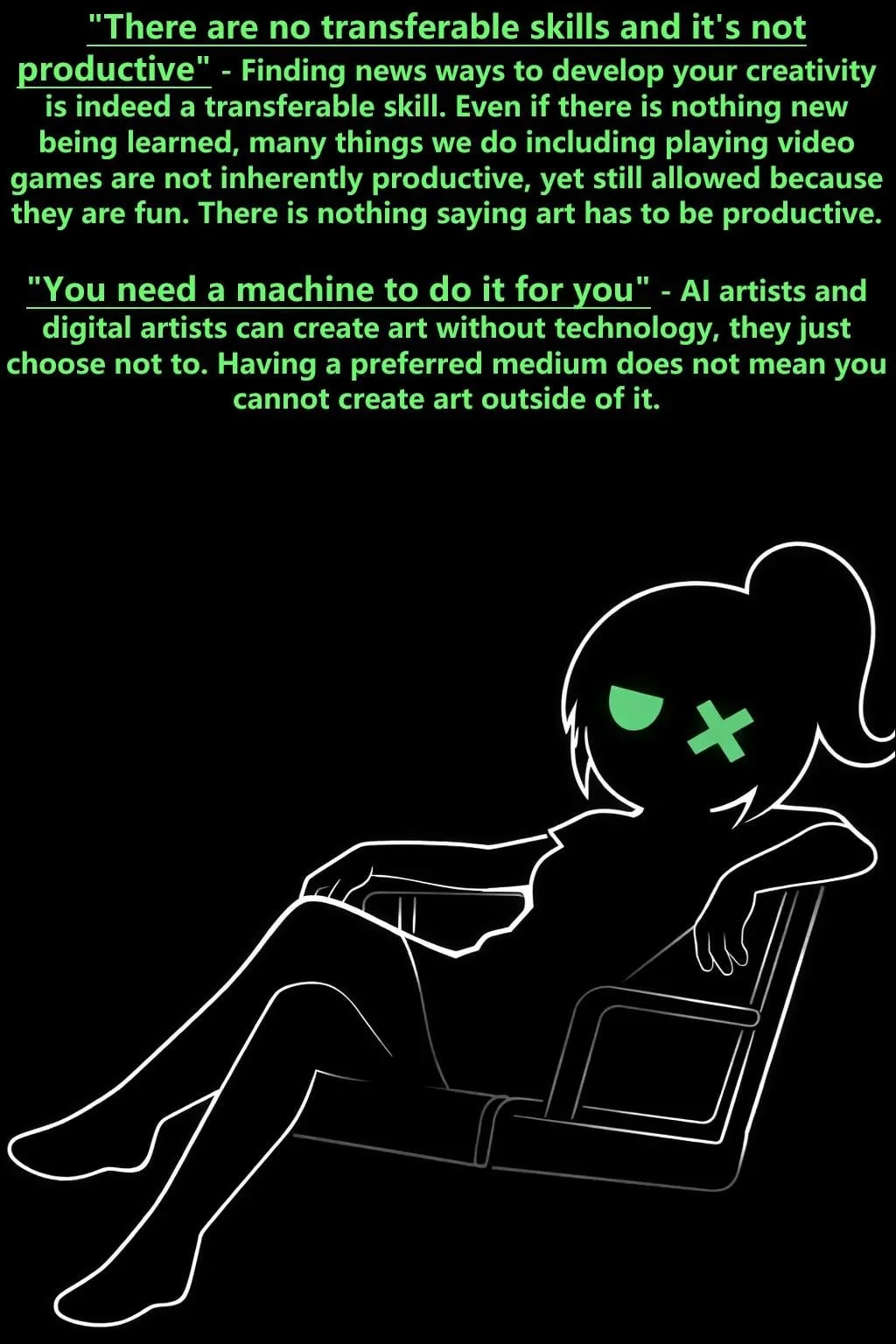 A slide from Witty’s Pro-AI Debate Guide: her ponytailed mascot with a glowing green X over one eye, beneath rebuttals to anti-AI arguments